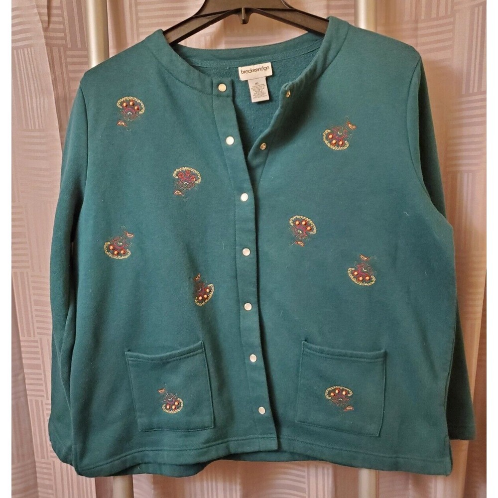 Breckenridge Green XL Long Sleeve‎ Crew Neck Full Snap Embroidered Cardigan